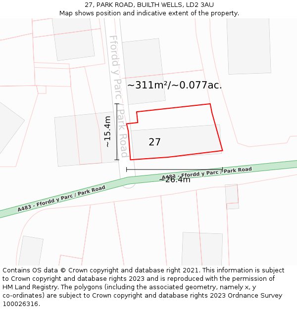 27, PARK ROAD, BUILTH WELLS, LD2 3AU: Plot and title map