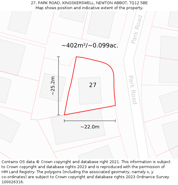 27, PARK ROAD, KINGSKERSWELL, NEWTON ABBOT, TQ12 5BE: Plot and title map