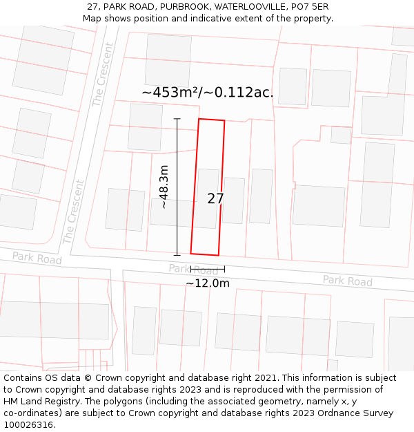 27, PARK ROAD, PURBROOK, WATERLOOVILLE, PO7 5ER: Plot and title map