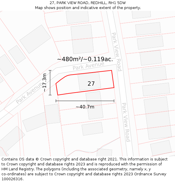 27, PARK VIEW ROAD, REDHILL, RH1 5DW: Plot and title map