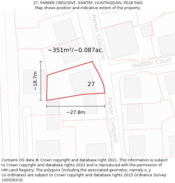 27, PARKER CRESCENT, SAWTRY, HUNTINGDON, PE28 5WG: Plot and title map