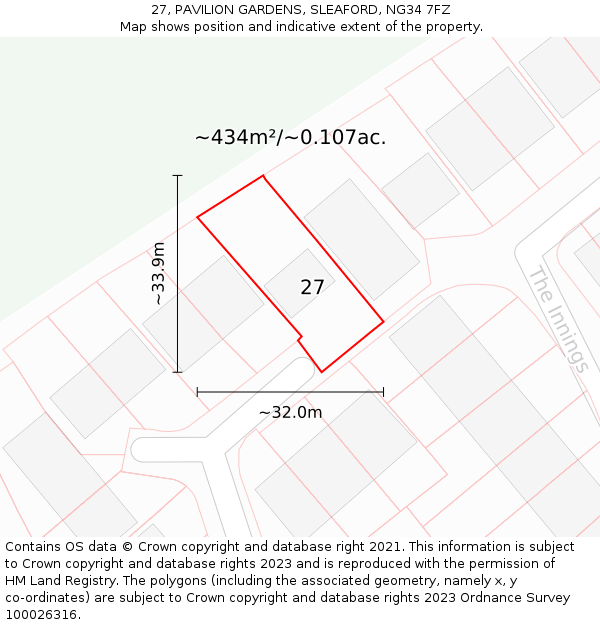 27, PAVILION GARDENS, SLEAFORD, NG34 7FZ: Plot and title map