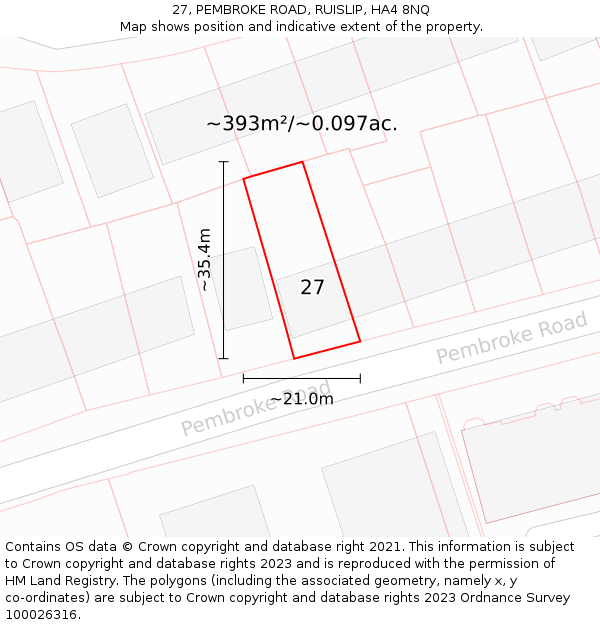 27, PEMBROKE ROAD, RUISLIP, HA4 8NQ: Plot and title map