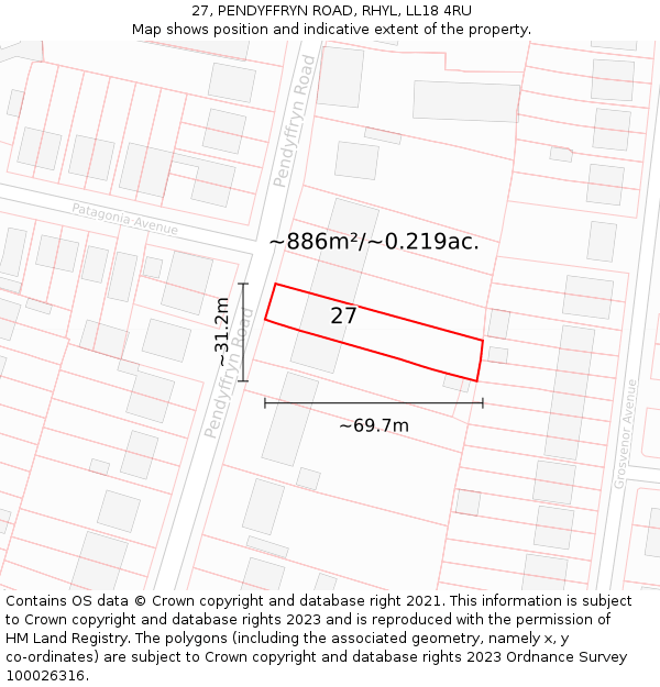 27, PENDYFFRYN ROAD, RHYL, LL18 4RU: Plot and title map