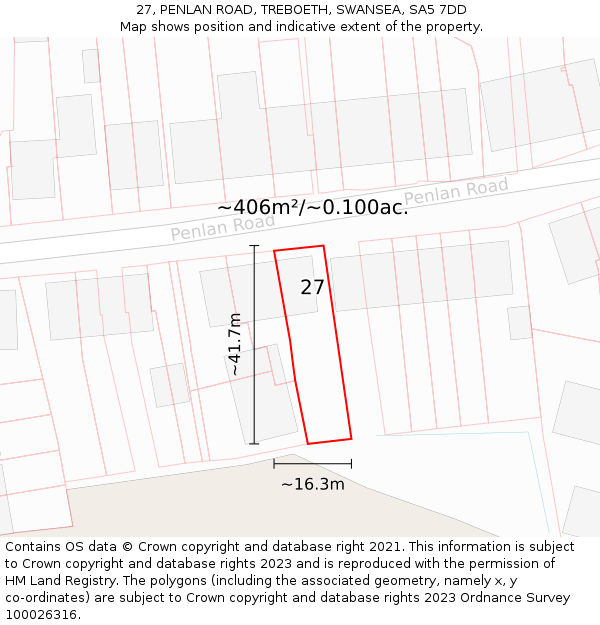 27, PENLAN ROAD, TREBOETH, SWANSEA, SA5 7DD: Plot and title map