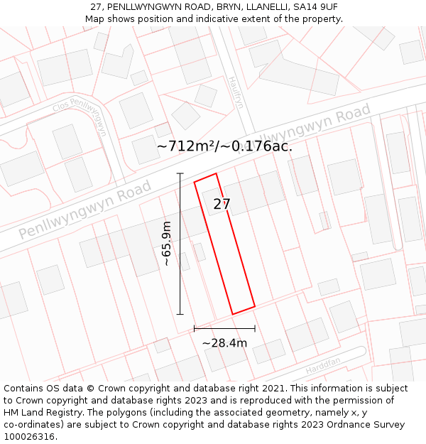 27, PENLLWYNGWYN ROAD, BRYN, LLANELLI, SA14 9UF: Plot and title map