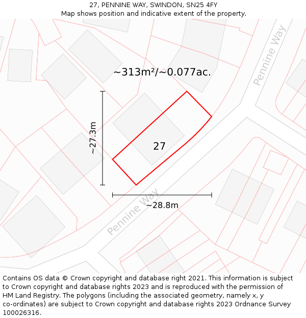 27, PENNINE WAY, SWINDON, SN25 4FY: Plot and title map