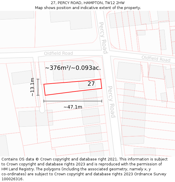 27, PERCY ROAD, HAMPTON, TW12 2HW: Plot and title map