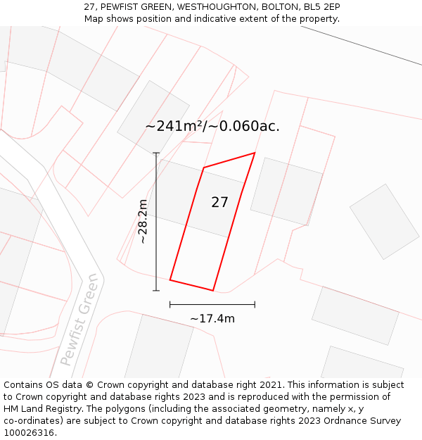 27, PEWFIST GREEN, WESTHOUGHTON, BOLTON, BL5 2EP: Plot and title map