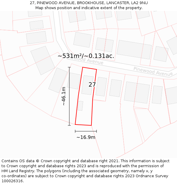 27, PINEWOOD AVENUE, BROOKHOUSE, LANCASTER, LA2 9NU: Plot and title map