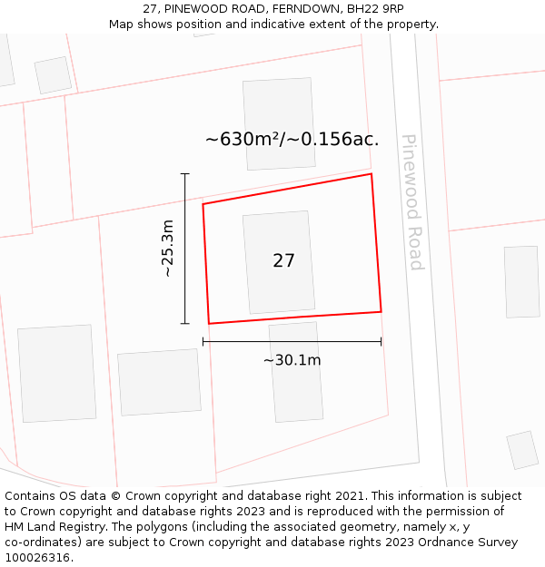 27, PINEWOOD ROAD, FERNDOWN, BH22 9RP: Plot and title map