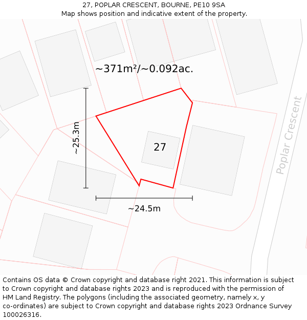 27, POPLAR CRESCENT, BOURNE, PE10 9SA: Plot and title map