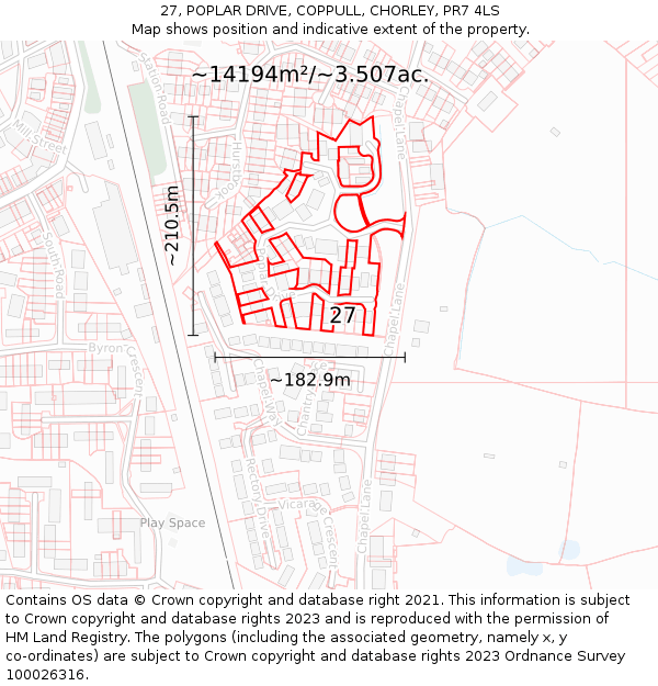 27, POPLAR DRIVE, COPPULL, CHORLEY, PR7 4LS: Plot and title map