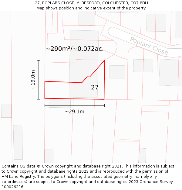 27, POPLARS CLOSE, ALRESFORD, COLCHESTER, CO7 8BH: Plot and title map