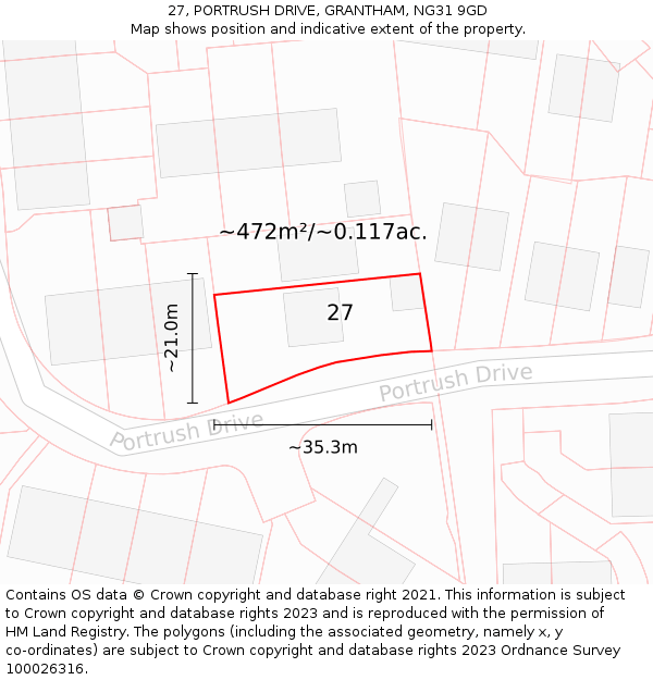 27, PORTRUSH DRIVE, GRANTHAM, NG31 9GD: Plot and title map