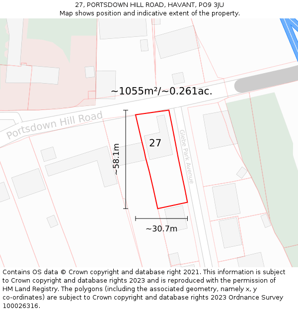 27, PORTSDOWN HILL ROAD, HAVANT, PO9 3JU: Plot and title map