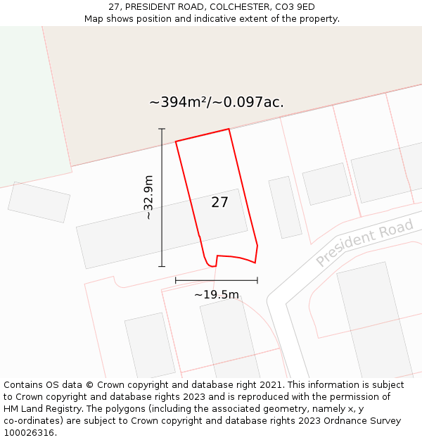 27, PRESIDENT ROAD, COLCHESTER, CO3 9ED: Plot and title map