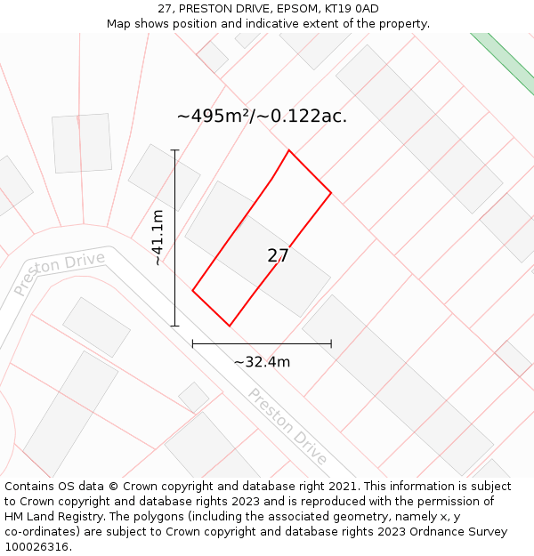 27, PRESTON DRIVE, EPSOM, KT19 0AD: Plot and title map