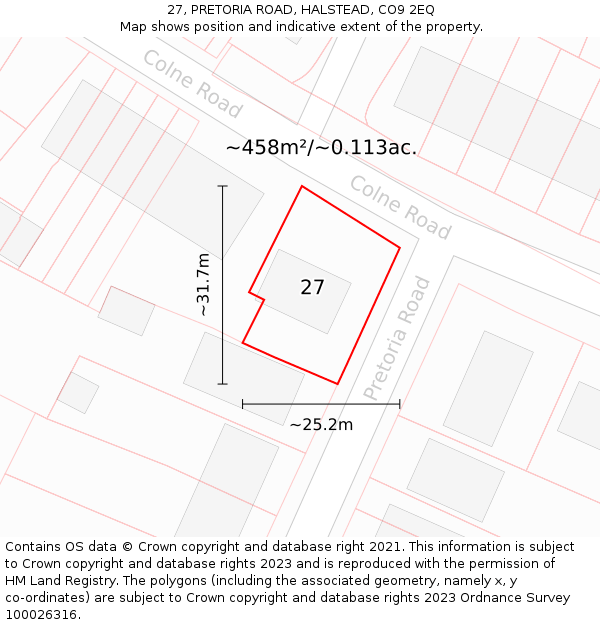 27, PRETORIA ROAD, HALSTEAD, CO9 2EQ: Plot and title map