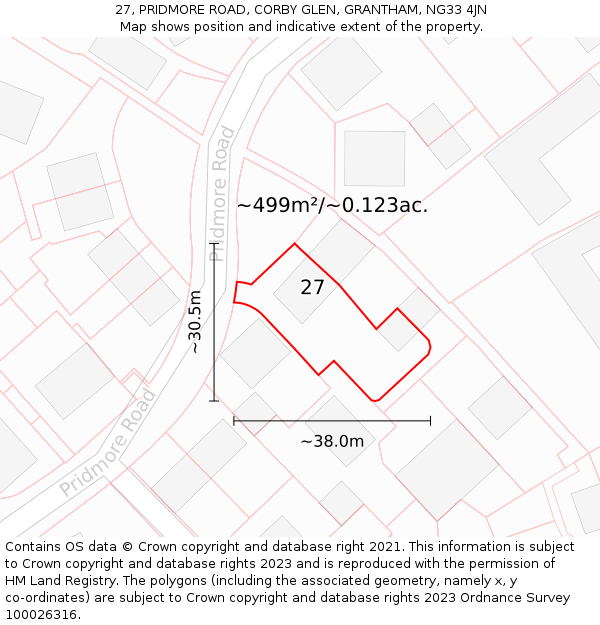 27, PRIDMORE ROAD, CORBY GLEN, GRANTHAM, NG33 4JN: Plot and title map