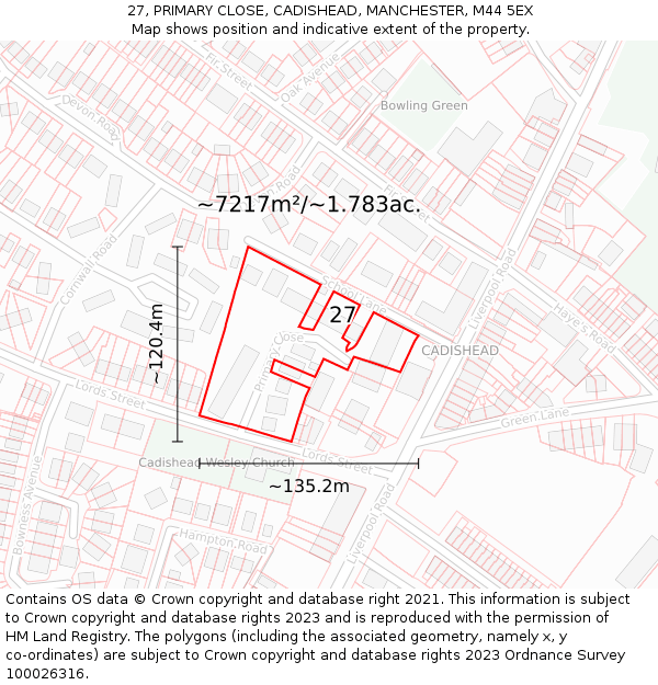 27, PRIMARY CLOSE, CADISHEAD, MANCHESTER, M44 5EX: Plot and title map