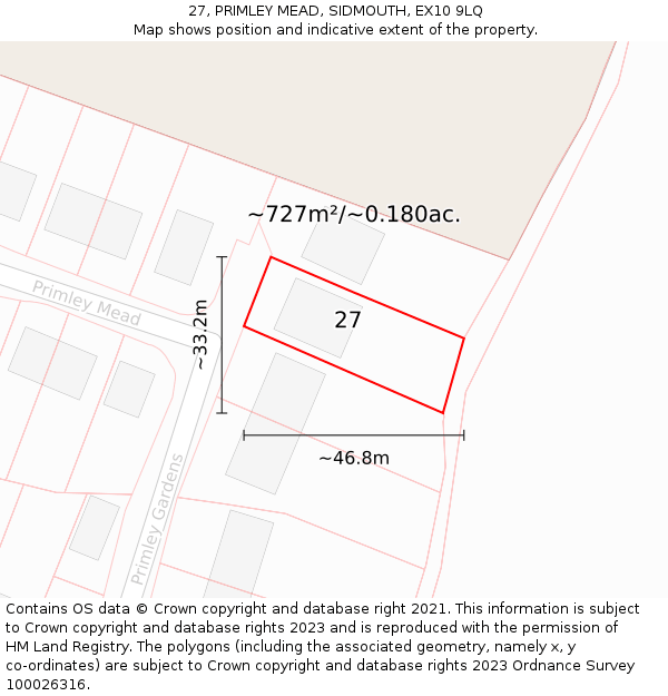 27, PRIMLEY MEAD, SIDMOUTH, EX10 9LQ: Plot and title map