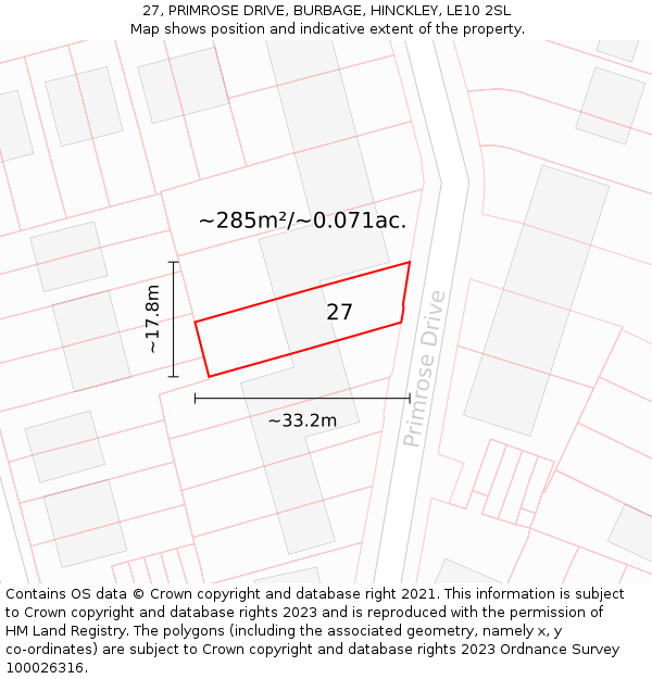 27, PRIMROSE DRIVE, BURBAGE, HINCKLEY, LE10 2SL: Plot and title map