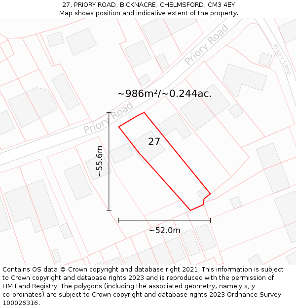 27, PRIORY ROAD, BICKNACRE, CHELMSFORD, CM3 4EY: Plot and title map