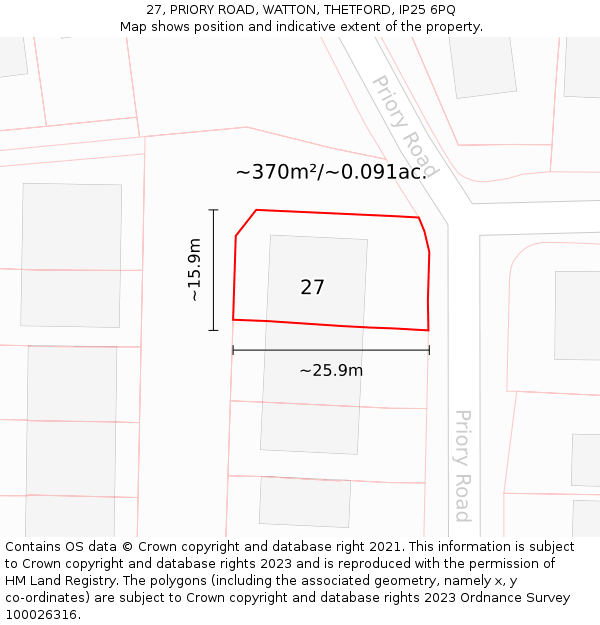 27, PRIORY ROAD, WATTON, THETFORD, IP25 6PQ: Plot and title map