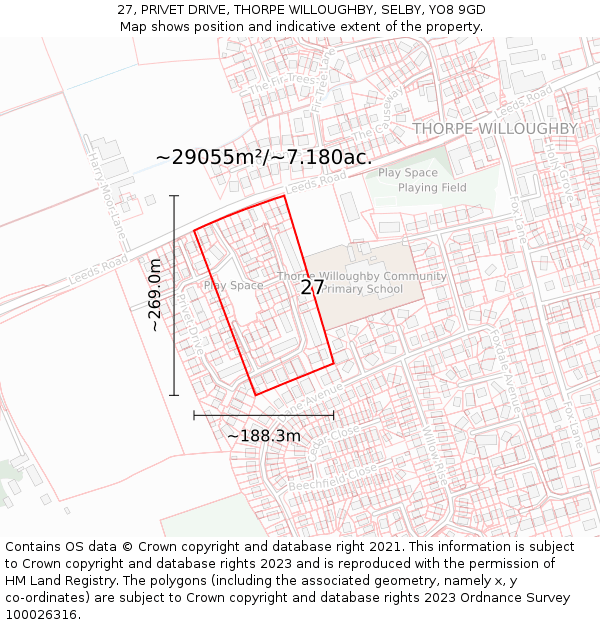 27, PRIVET DRIVE, THORPE WILLOUGHBY, SELBY, YO8 9GD: Plot and title map