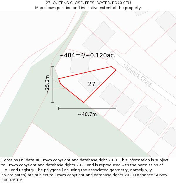 27, QUEENS CLOSE, FRESHWATER, PO40 9EU: Plot and title map