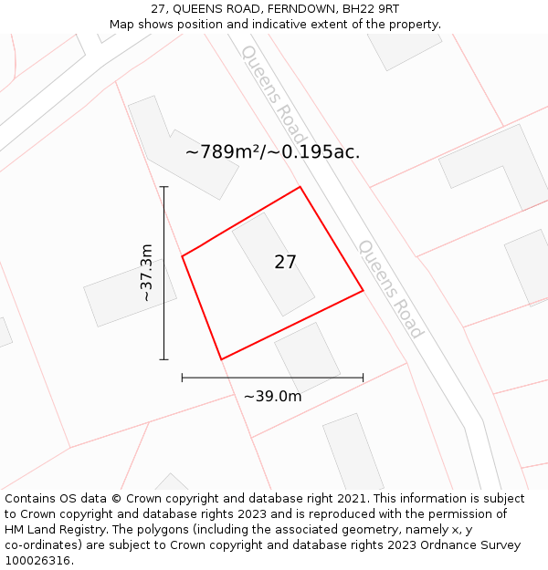 27, QUEENS ROAD, FERNDOWN, BH22 9RT: Plot and title map