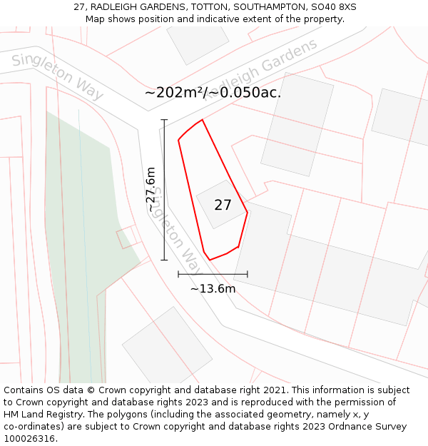 27, RADLEIGH GARDENS, TOTTON, SOUTHAMPTON, SO40 8XS: Plot and title map