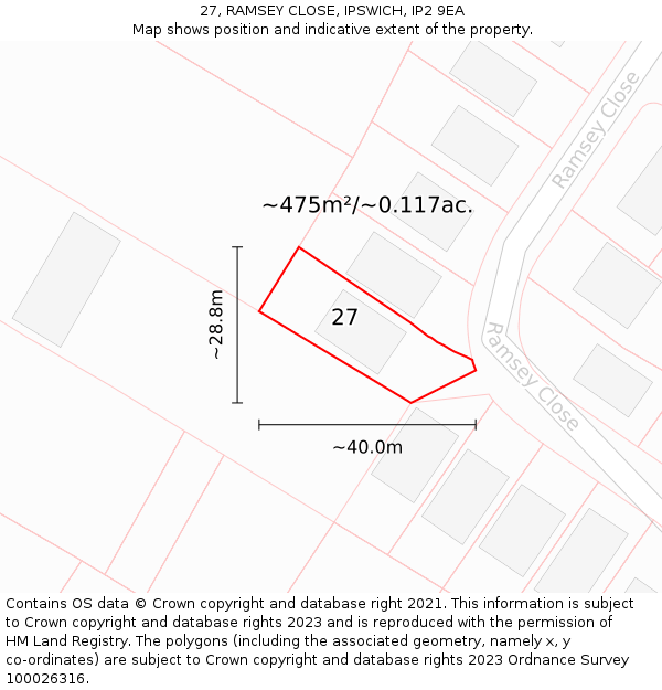 27, RAMSEY CLOSE, IPSWICH, IP2 9EA: Plot and title map