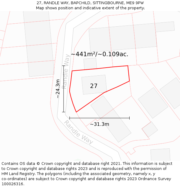 27, RANDLE WAY, BAPCHILD, SITTINGBOURNE, ME9 9PW: Plot and title map