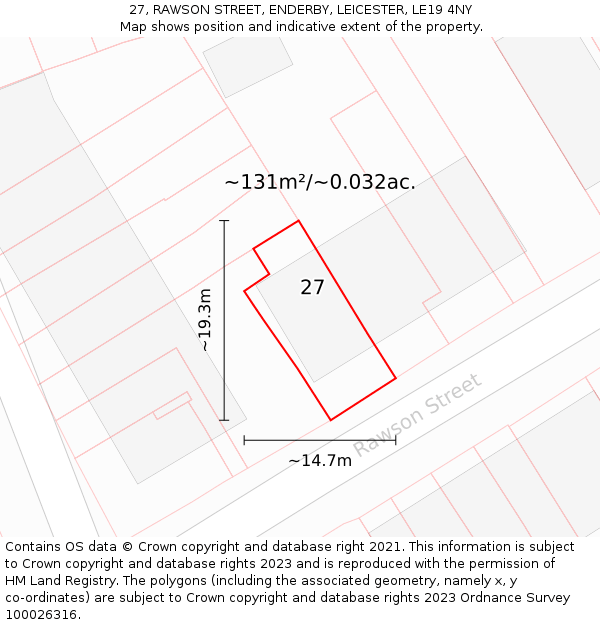 27, RAWSON STREET, ENDERBY, LEICESTER, LE19 4NY: Plot and title map