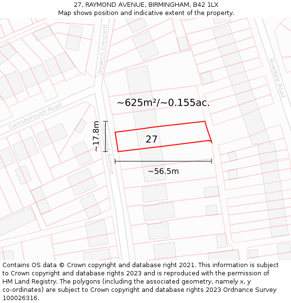 27, RAYMOND AVENUE, BIRMINGHAM, B42 1LX: Plot and title map