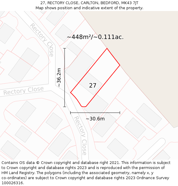 27, RECTORY CLOSE, CARLTON, BEDFORD, MK43 7JT: Plot and title map