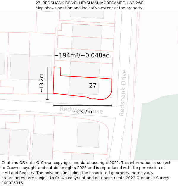 27, REDSHANK DRIVE, HEYSHAM, MORECAMBE, LA3 2WF: Plot and title map