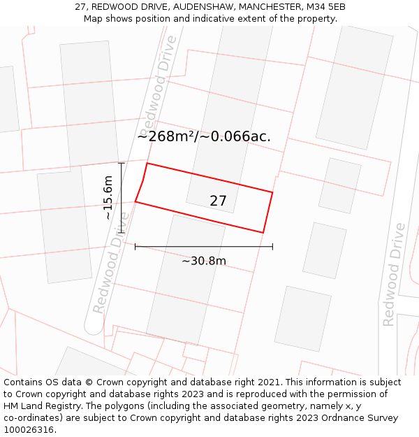 27, REDWOOD DRIVE, AUDENSHAW, MANCHESTER, M34 5EB: Plot and title map