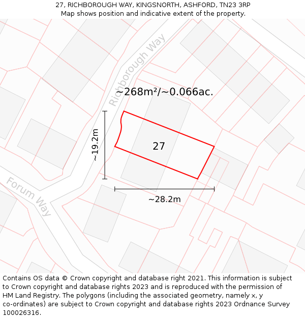 27, RICHBOROUGH WAY, KINGSNORTH, ASHFORD, TN23 3RP: Plot and title map