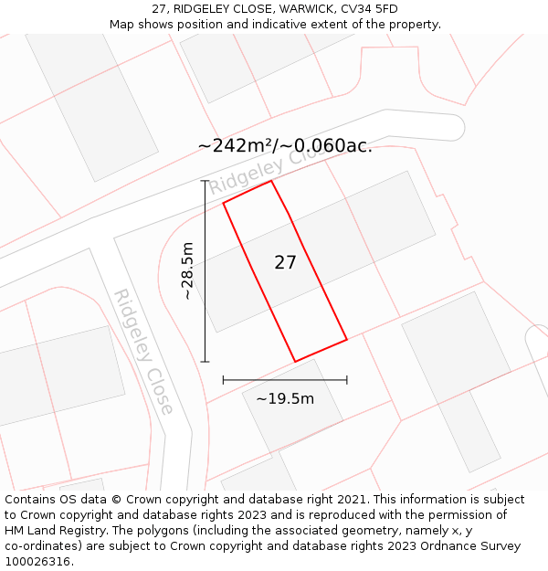 27, RIDGELEY CLOSE, WARWICK, CV34 5FD: Plot and title map