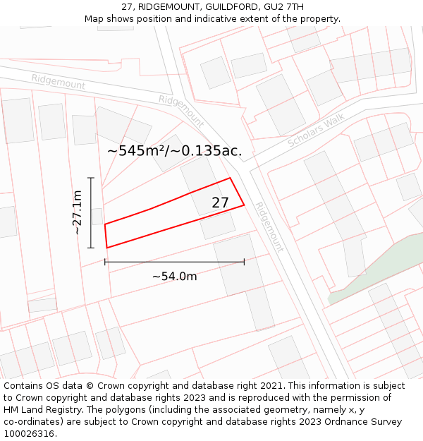 27, RIDGEMOUNT, GUILDFORD, GU2 7TH: Plot and title map