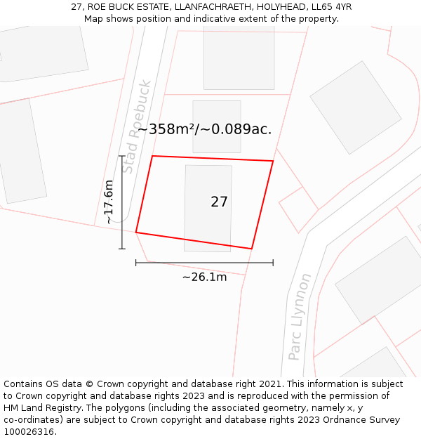 27, ROE BUCK ESTATE, LLANFACHRAETH, HOLYHEAD, LL65 4YR: Plot and title map