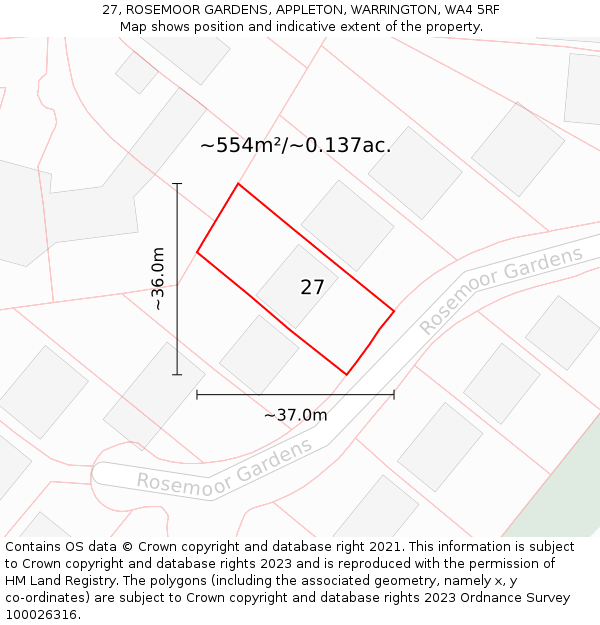 27, ROSEMOOR GARDENS, APPLETON, WARRINGTON, WA4 5RF: Plot and title map