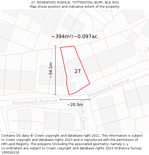 27, ROSEWOOD AVENUE, TOTTINGTON, BURY, BL8 3HG: Plot and title map