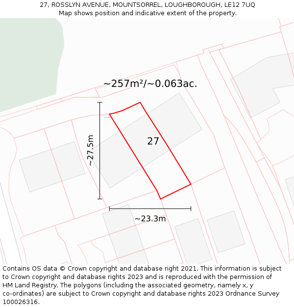 27, ROSSLYN AVENUE, MOUNTSORREL, LOUGHBOROUGH, LE12 7UQ: Plot and title map