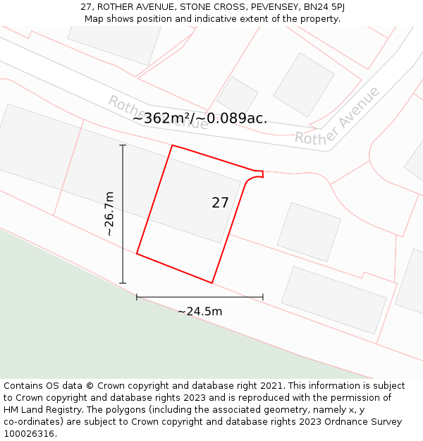 27, ROTHER AVENUE, STONE CROSS, PEVENSEY, BN24 5PJ: Plot and title map