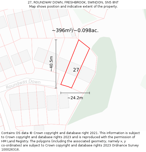 27, ROUNDWAY DOWN, FRESHBROOK, SWINDON, SN5 8NT: Plot and title map