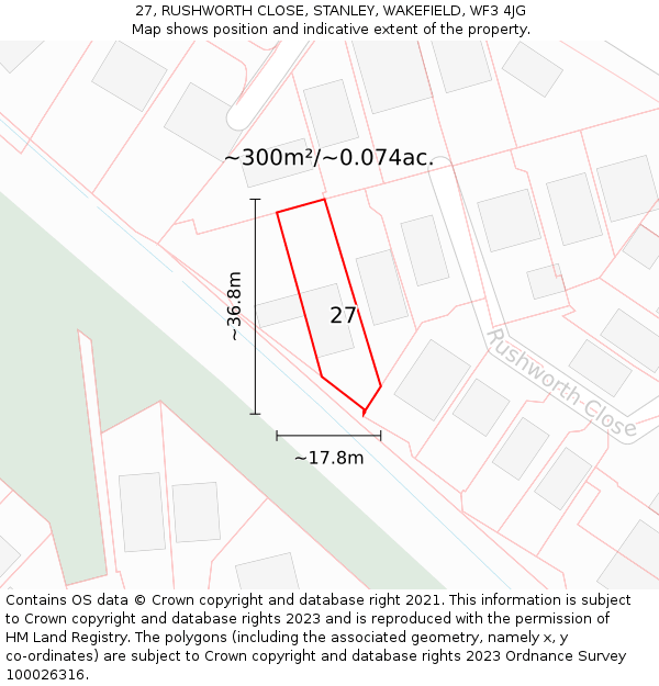 27, RUSHWORTH CLOSE, STANLEY, WAKEFIELD, WF3 4JG: Plot and title map